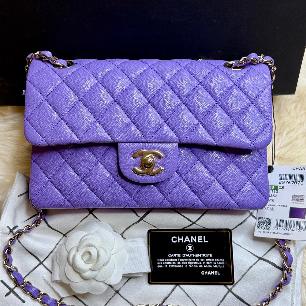 NEW Chanel 20S Lilac Caviar Small Classic Flap Bag Light Gold Hardware RARE